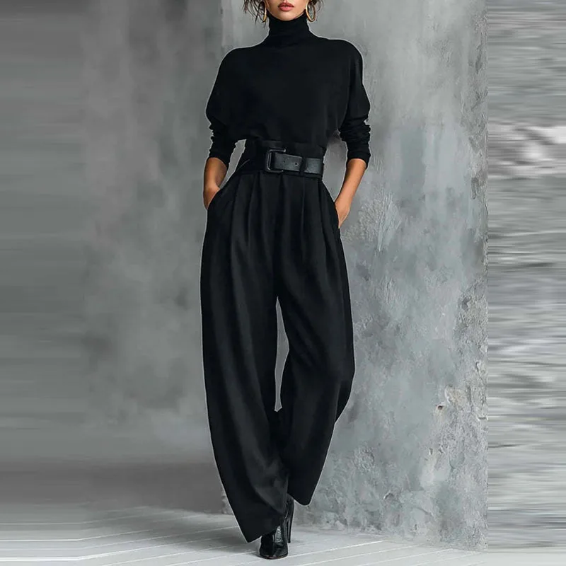 Casual Black Slim Commute Two Piece Sets Ladies Simple Pocket Pants Outfits Temperament High Collar Long Sleeve Tops&Pants Sets