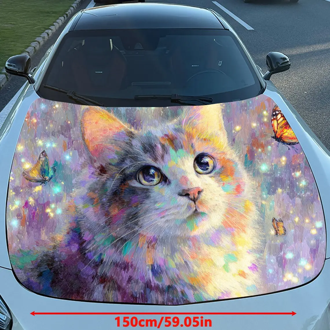 Car Decals Realistic Cat with Vibrant, Colorful, and Sparkling Effects Alongside Butterflies Car Hood Sticker, Waterproof Self -