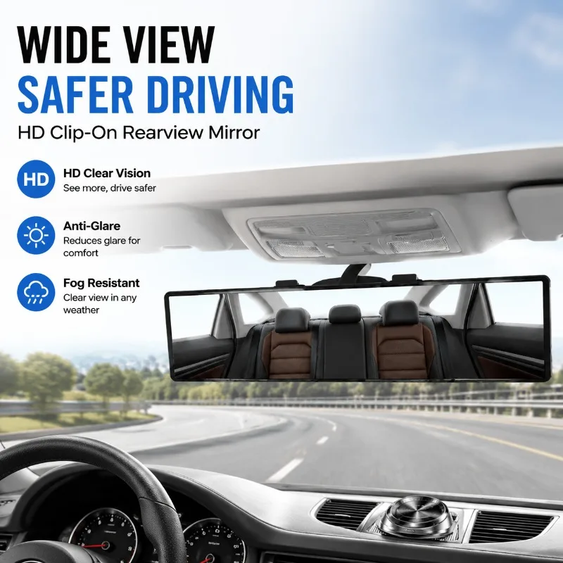 Clip-on Curved Interior Rearview Mirror HD Wide View Anti-glare Anti-fog Auxiliary Lens Improve Reversing Vision Universal