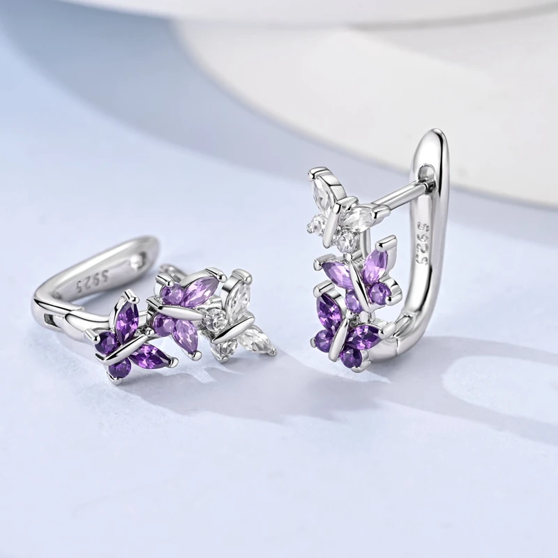 925 Sterling Silver Gradient Purple Butterfly Huggie Hoop Earrings Multi‑Color Amethyst‑Tone CZ Ear Buckle Women Jewelry Gift