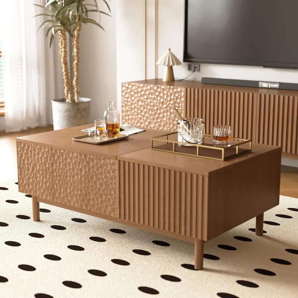 

51.1" Mid-Century Modern Lift Top Coffee Table, Walnut Rectangular Center Table with Hidden Storage,Drawers & Sturdy Wooden Legs