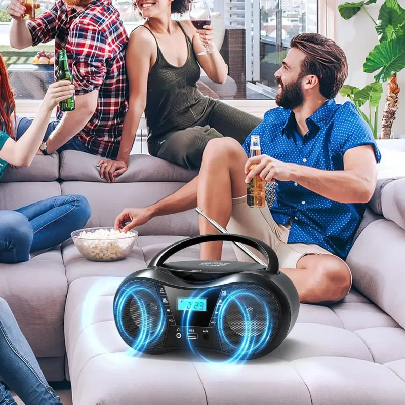 Portable CD Players Boombox Bluetooth FM Radio USB Drive AUX Dual Speakers AC DC Powered Stereo Sound Home Outdoor CD Player