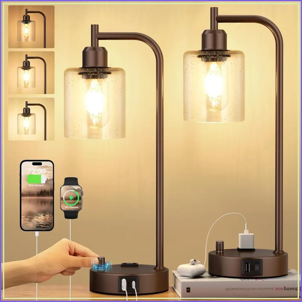Industrial Table Lamps Set of 2 - Dimmable Bedside Lamps with USB & Outlet, Brown Nightstand Lights for Living Room, Office Reading