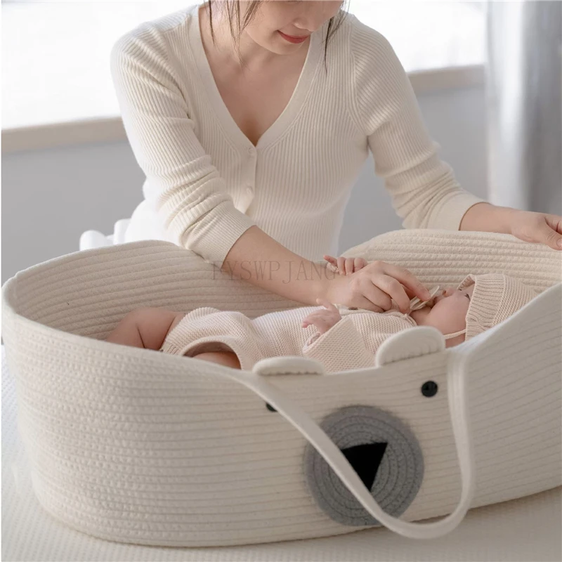 Nordic Style Large Baby Hand Basket Clothes Storage Box Portable Pure Cotton Woven Baby Sleeping Basket Out Of The Hand Baby Bed