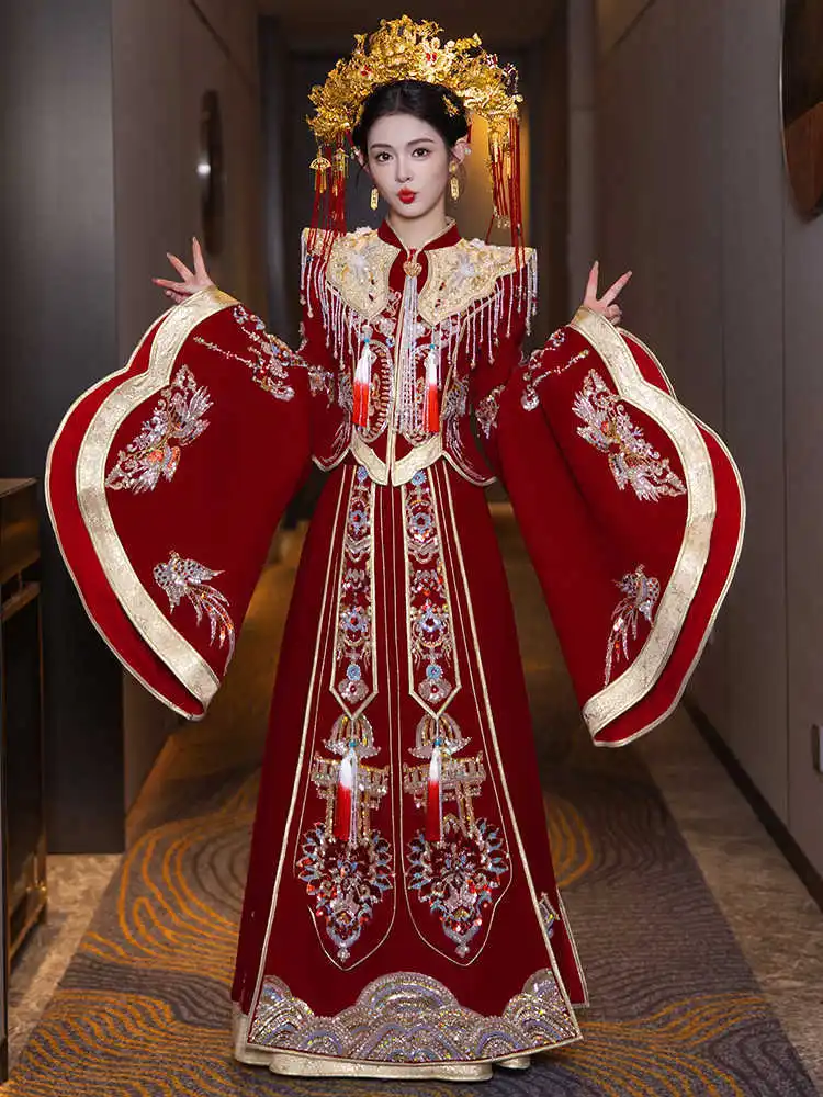 

Осень-зима 2021, свадебное платье невесты Xiuhe Hanfu, традиционное китайское свадебное платье-тост, комплекты с юбкой для женщин, вечерние
