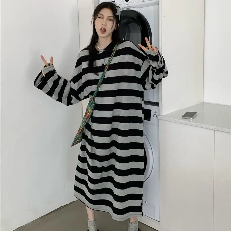 Oversized Female Buttons Korean Turn-down Collar Long Dress Autumn 2024 New Preppy Style Striped Loose Casual Dresses Women's