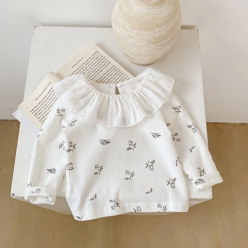 Autumn New Baby Clothing, 0-2 Year Old Girl, Lotus Collar Flower Print Top, T-shirt