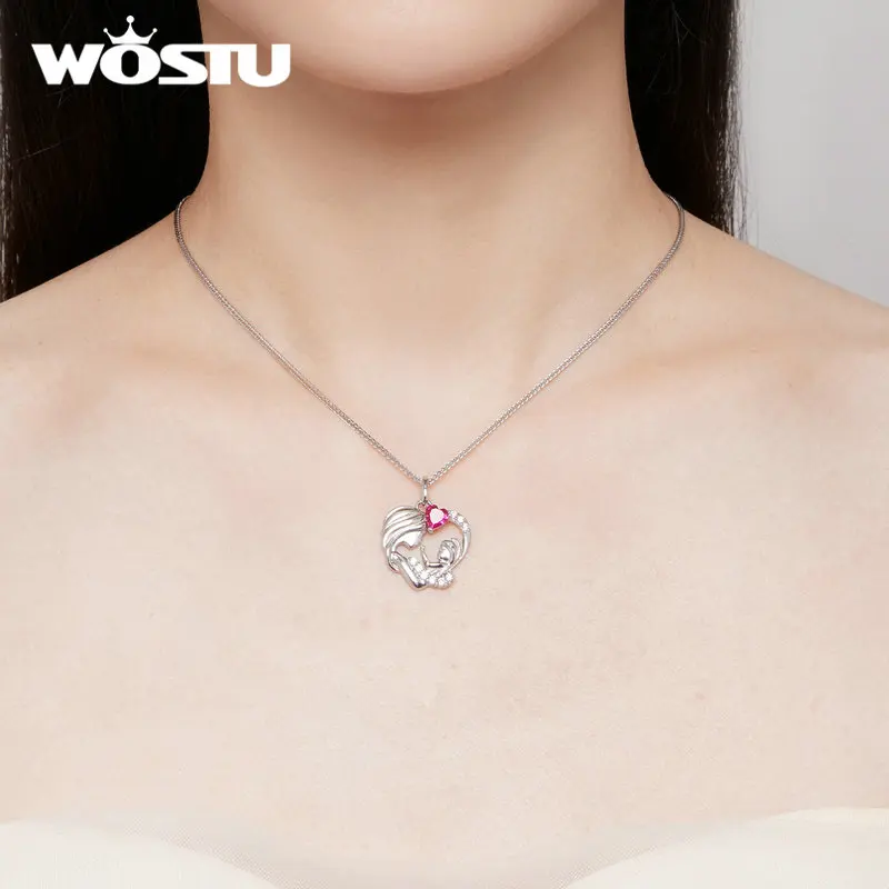 WOSTU 925 Sterling Silver Mother Daughter Heart Charm Necklace Lovely Heart-shaped Red Zircon Chain Necklaces Gift For mom