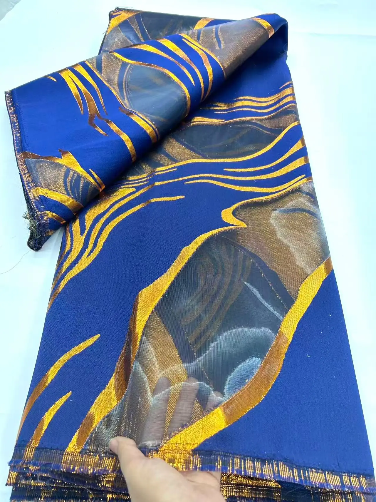 

2025 новый дизайн, королевская синяя органза, дамасская жаккардовая парча, африканская французская кружевная ткань для нигерийских женщин, праздничное платье LHD25183