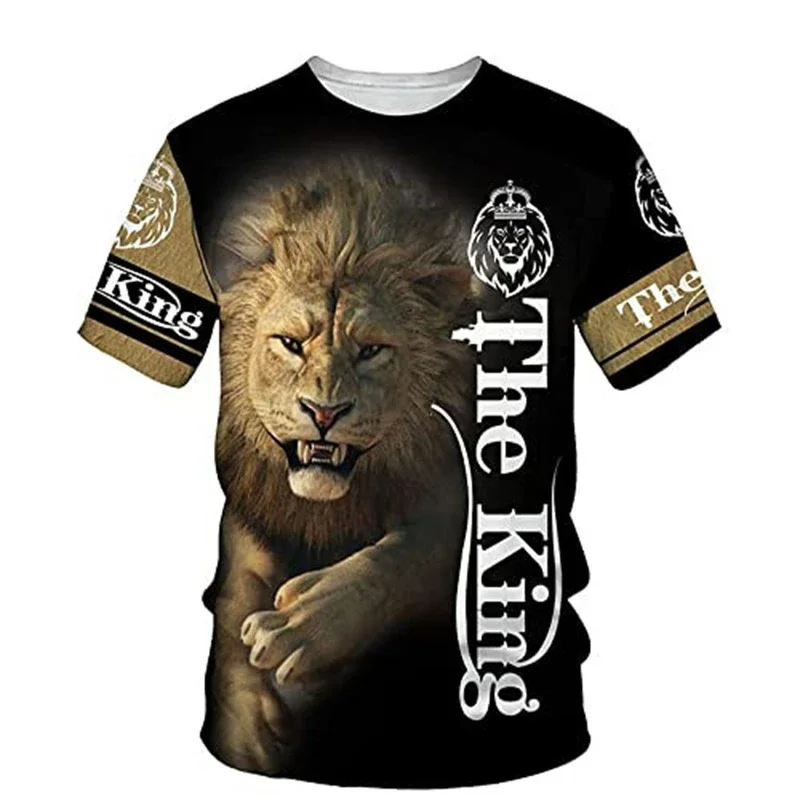 Herren 3D-T-Shirt mit Löwenkönig-Print, Rundhalsausschnitt, Kurzarm, Lässiges Tier-Grafik-Streetwear-Oberteil