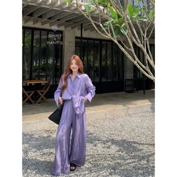 Fashion Purple Sets Women Turn Down Collar Long Sleeve One Breasted Loose Blouses&High Waist Wide Leg Pants Female Leisure Suits