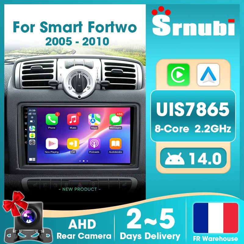 Srnubi Accessories Carplay Android Auto Car Radio for Smart Fortwo 2005-2010 GPS Navigation Multimedia Stereo UIS7865 8-Core Bluetooth 5.4 Support SWC WIFI