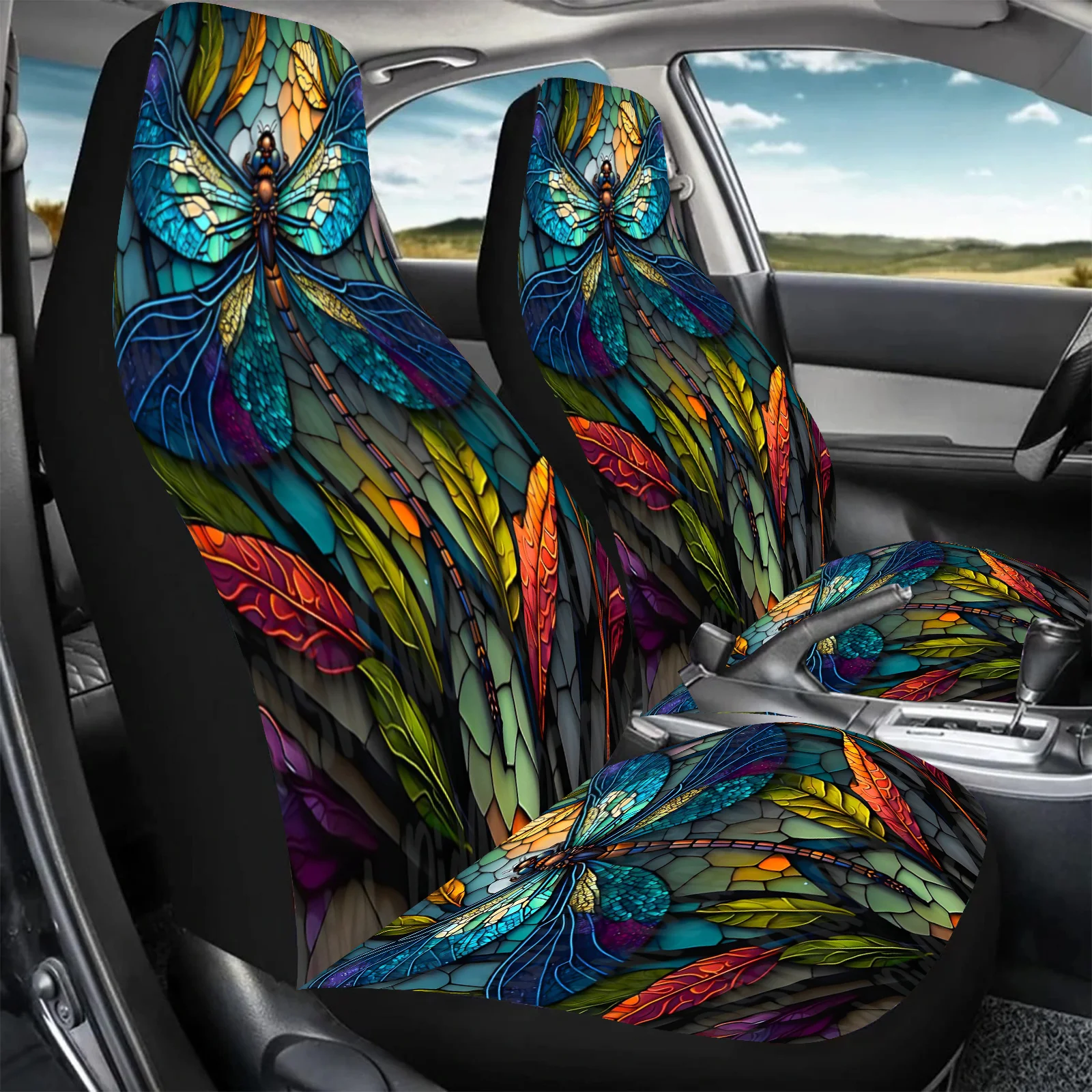 2pcs Green Dragonfly Print Car Seat Covers, Universal Front Seat Protectors For Cars And SUVs, Enhance Driving Comfort, Perfect