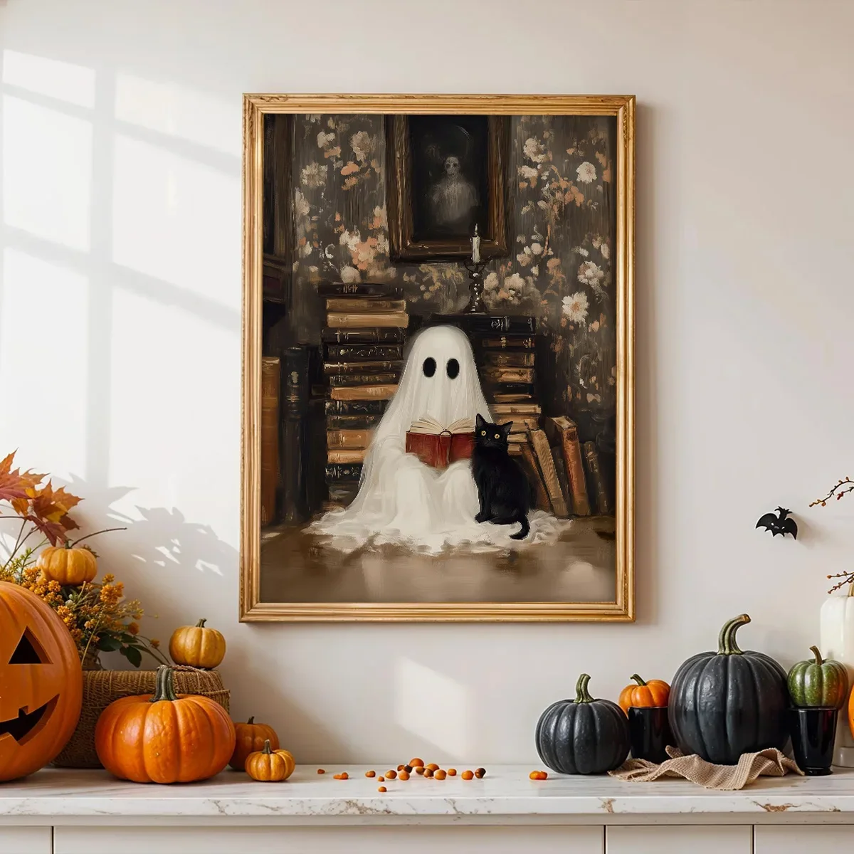 Whimsical Spooky Halloween Art Print  Ghost and Black Cat in Library Fall Wall Decor Canvas Poster for Home