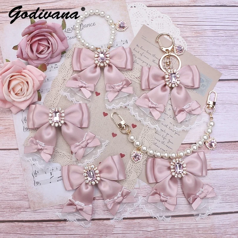 Original Handmade Lace Bow Rhinestone Pearl Beaded Bag Accessory Bag Pendant Girls Sweet Key Pendants Pink Bow Keychain