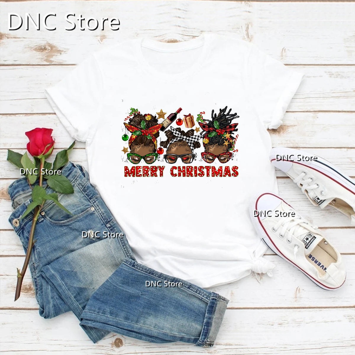 Merry Christmas 3 Black Women Print T-Shirts African Black Women Tshirt Christmas Clothing Tshirt Fashion New Year Clothing