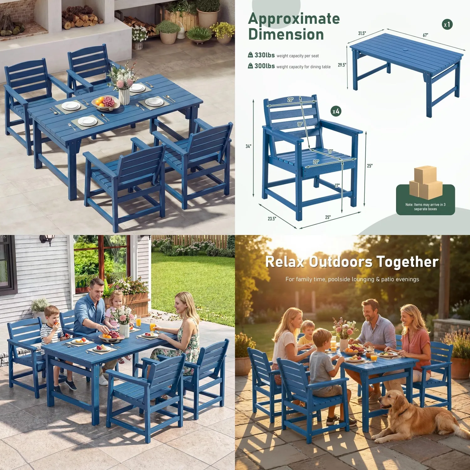 

67" HDPE 5pc Outdoor Dining Set Umbrella Hole All-Weather Table Chairs 4 Backyard Garden Poolside, Customized