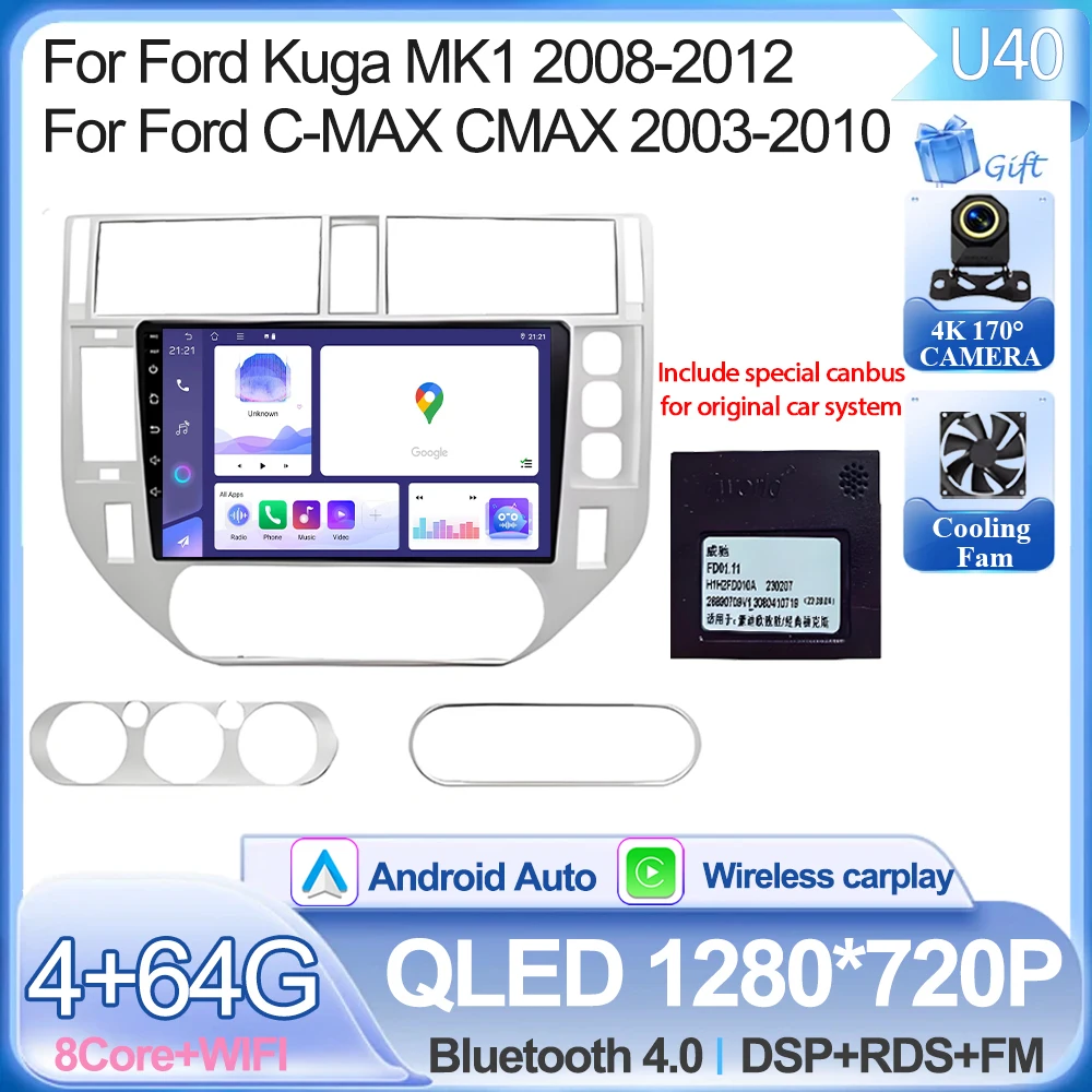 Android 16 Voor Ford Kuga MK1 2008-2012 Voor Ford C-MAX CMAX 2003-2010 Autoradio GPS 2 k Scherm Carplay 4G Wifi Stereo Video DSP BT