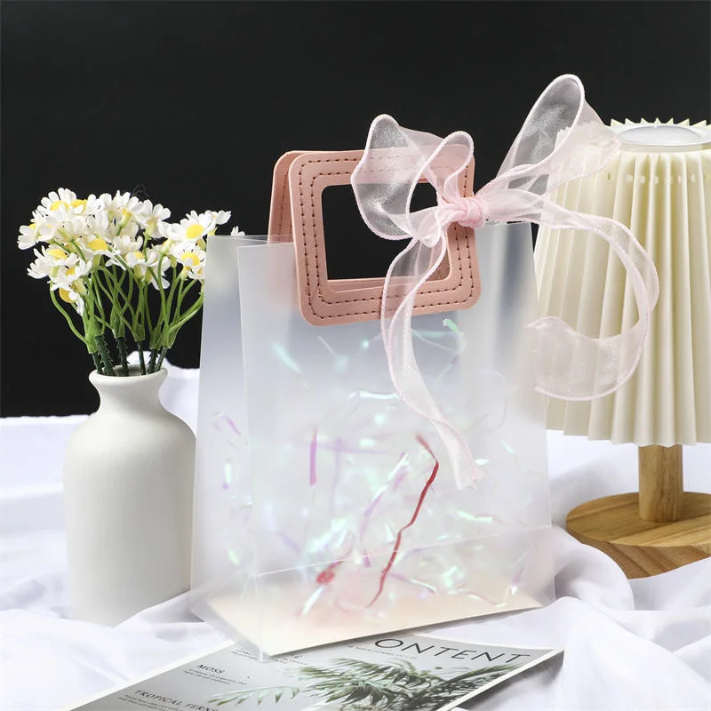 10PCS Frosted Plastic Gift Bags with Handle Reusable Clear PVC Packing Bag Festival Party Present Packaging Home Storage