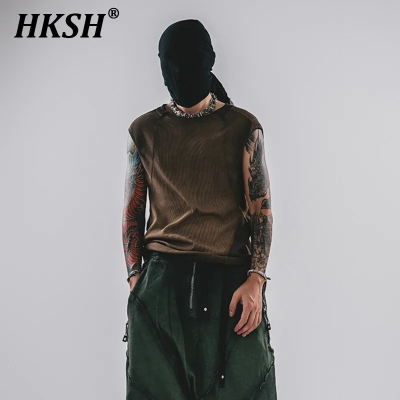 

HKSH Spring Summer New Men's Tide Punk Vest Original Twill Cotton Elastic Dirty Washed Vintage Waste Land Style Tank Tops HK2062