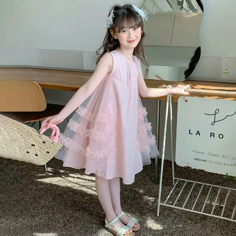Girls Fashion Cake Dresses Children Summer Cute Mesh Tulle Ruff Hem Dress Kids Sleeveless Tank A-Line Vacation Skirt 3-14 Years