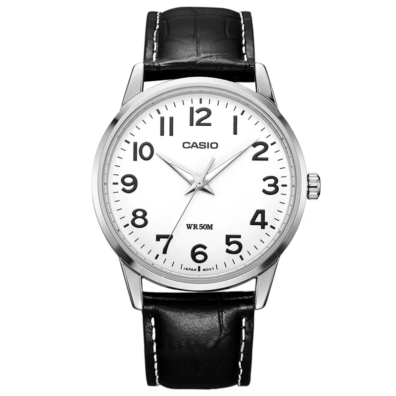 CASIO MTP-1303L Men's Business Casual Watch, 50M Water Resistant, White Dial with Large Numerals, Black Leather Band