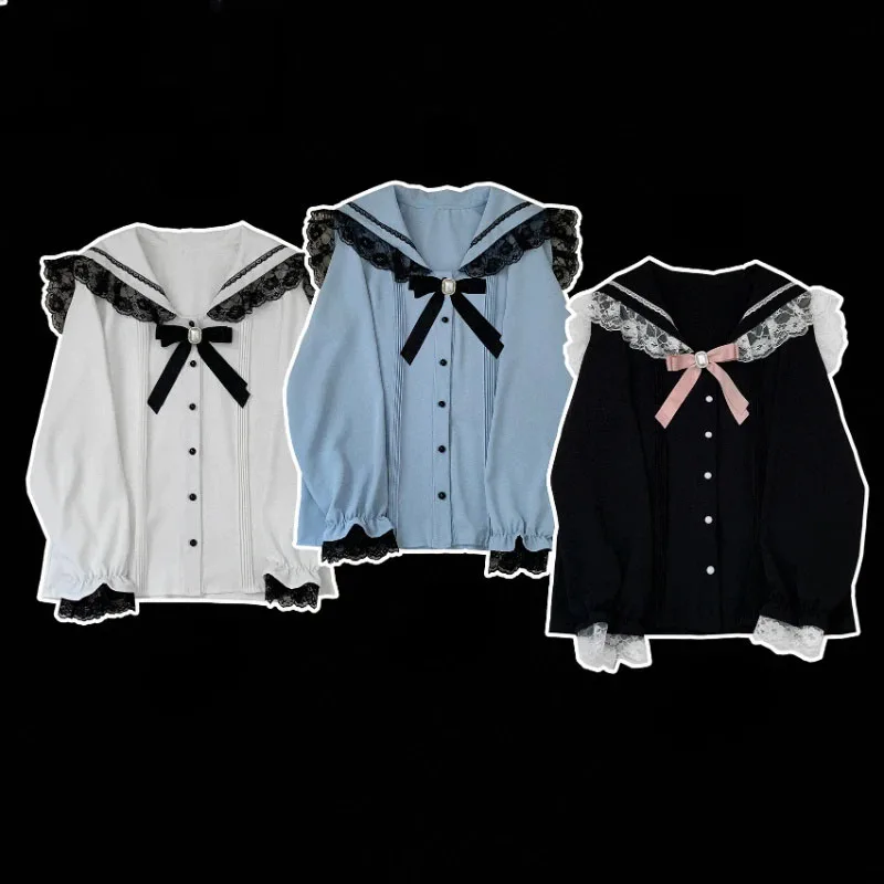 Preppy Style Japanese Sweet Lolita Style Blouses Sailor Collar Bow Women Kawaii Lace JK Shirt Girls Student Long Sleeve Tops