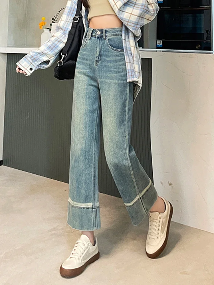 Summer Street Vintage Casual Chicly Elastic Baggy Jeans Women Fashion High Waist Simple Washed Distressed Female Wide Leg Pants