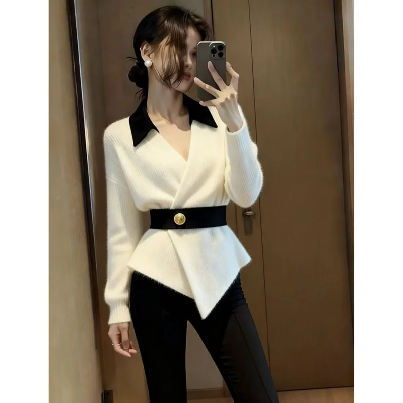 

Women's Elegant Wrap Knit Blouse, Contrast Collar & Belted Peplum Top (White/Red), Stylish Office Party Wear