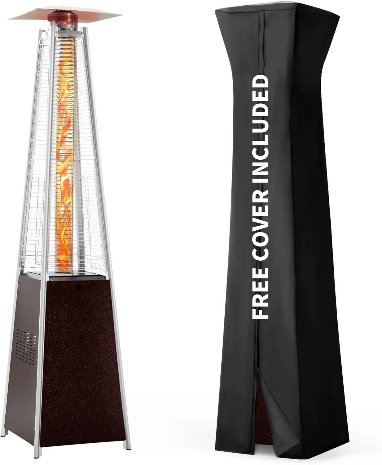 

Обогреватель для патио, уличный обогреватель с пламенем Pyramid 48,000 БТЕ с крышкой, пропановый уличный обогреватель с кованой бронзовой башней и колесами