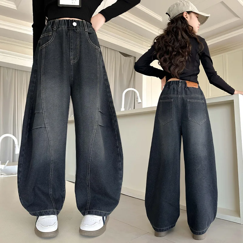 الفتيات المرقعة الجينز 2025 الخريف نمط جديد في سن المراهقة الأطفال فضفاض واسعة الساق الدنيم السراويل ملابس الأطفال #1