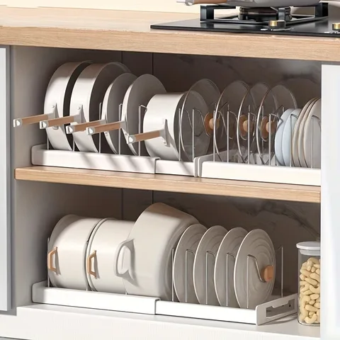Rack organizador de panelas de armário de cozinha expansível, divisor ajustável, solução de armazenamento de panelas e panelas multiuso