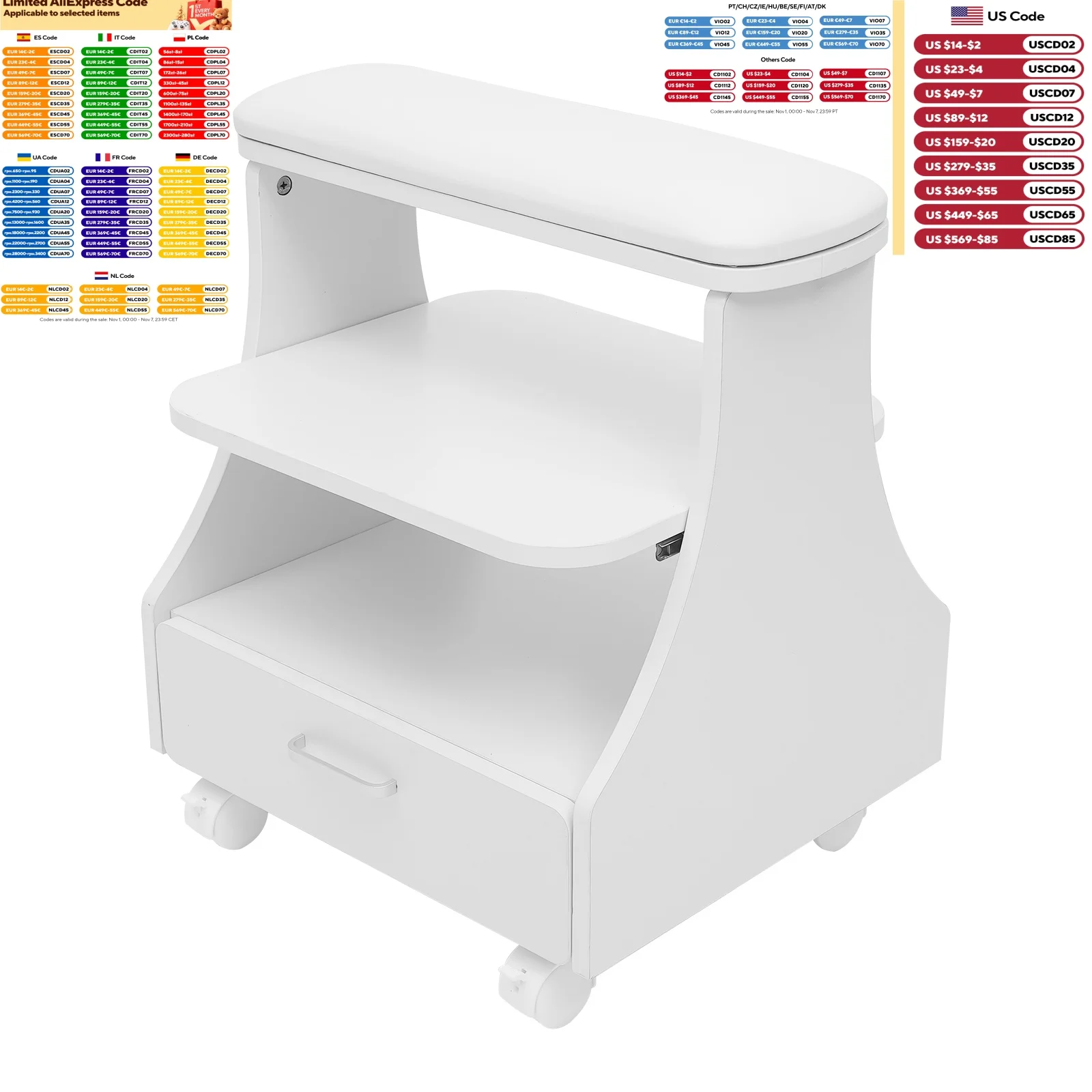 3-tier Foot Rest Manicure Stool Pedicure Cart Footbath Trolley with 4 Casters for Beauty Salon Stores 50kg White/Black/Pink