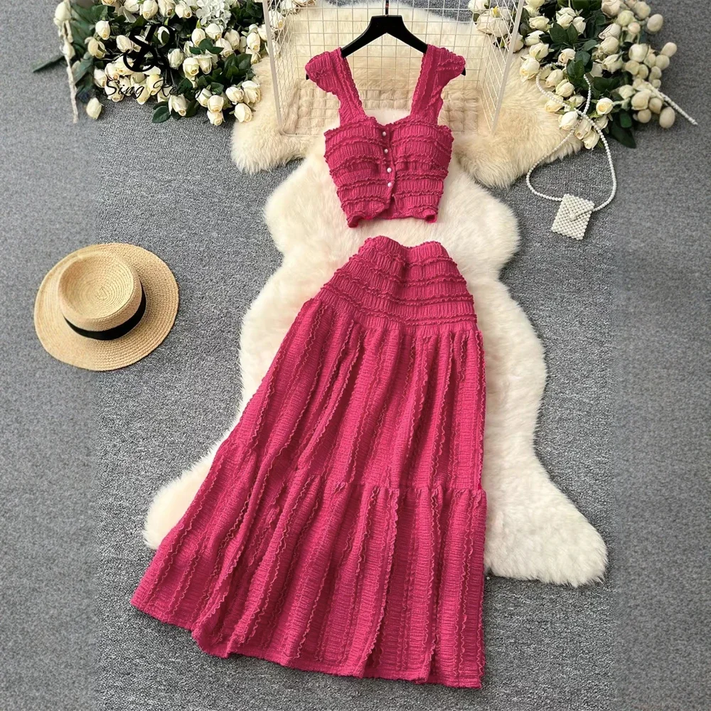 

Sets Summer Fashion Casual Solid Color Sleeveless Square Neck Natural Waist Midi Vacation Skirts Sets For Women