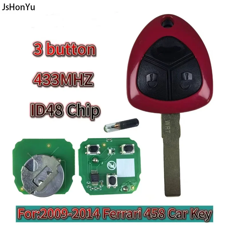 

JsHonYu 433MHz ID48 Chip Smart Remote Key for Ferrari 458 Italia California 599 GTB Fiorano FF 2009-2014 3 Button Keyless Fob