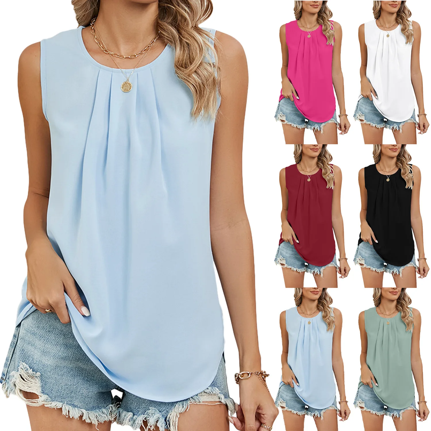 

2025 Spring Summer New Women's Solid Color Loose Round Neck T-Shirt Comfortable and Versatile Pullover Vest Top Women Clothes