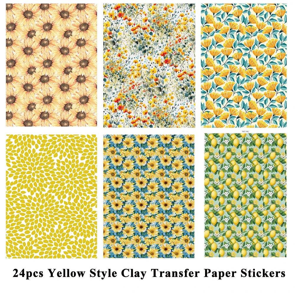 

24pcs Sunflower Lemon Leaves Daisy Yellow Soft Ceramic Earrings Water Soluble Disposable Sticker for Diy Jewelry Making Decal