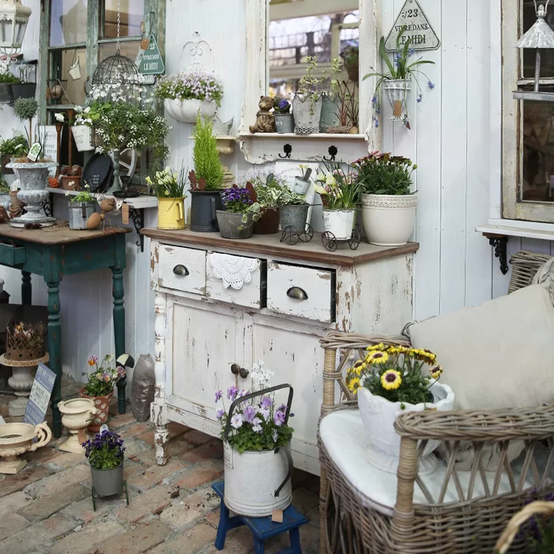 Farm Charming Handmade Vintage Retro White Wood Console Table with Drawers and Doors