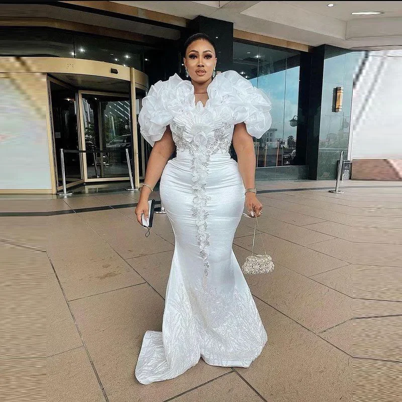 Mermaid Long Ruffles Lace Birthday Prom Dress Plus Size African Women Evening Gowns Elegant White Satin Bridal Party Dresses