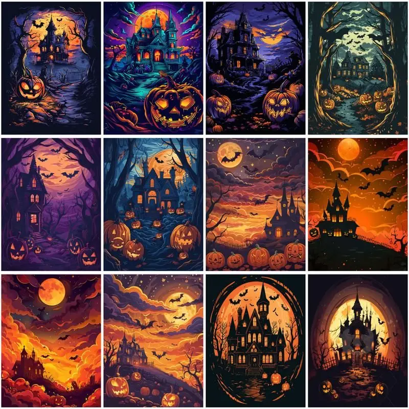 

CHENISTORY Pictures By Number Pumpkin Castle Kits DIY Home Decoration Painting By Numbers Drawing On Canvas Halloween Gift