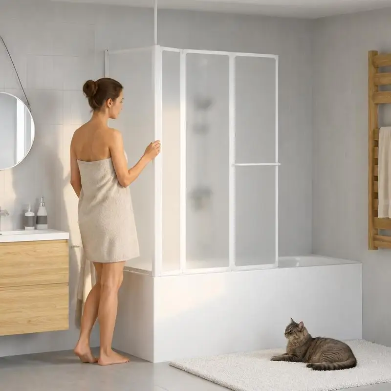 Paravent de baignoire pliable aspect verre, séparateur compact, protection anti-éclaboussures pour une séparation efficace des zones humides et sèches dans la salle de bain, dimensions 70x120x137cm