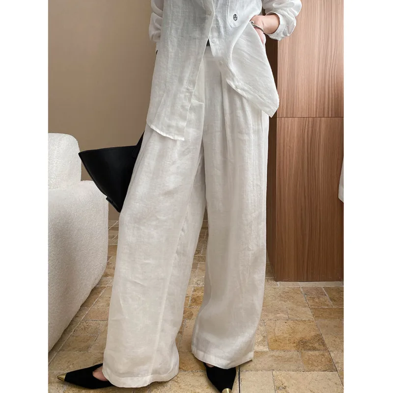 

Women 100% Ramie Wide Leg Pants.spring Summer Elastic High Waist Loose Casual Breathable Pant