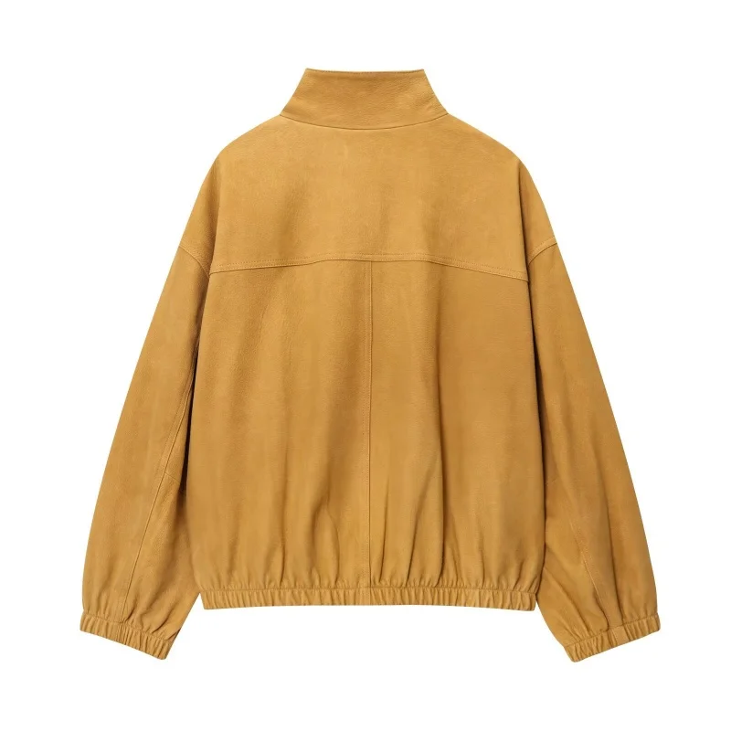 KEYANKETIAN Jesienno-zimowa nowa damska kurtka skórzana wiatroodporna z wysokim kołnierzem zapinana na jeden guzik, kurtka pilotka, płaszcz skórzany damski