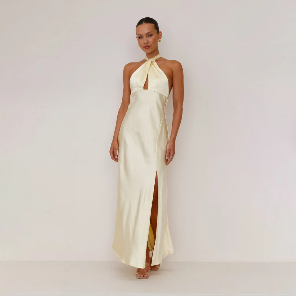 Robe de Demoiselle d'Honneur Jaune à Col Ajustable pour Femme, Tenue de Soirée Maxi avec Petite Découpe pour Patients