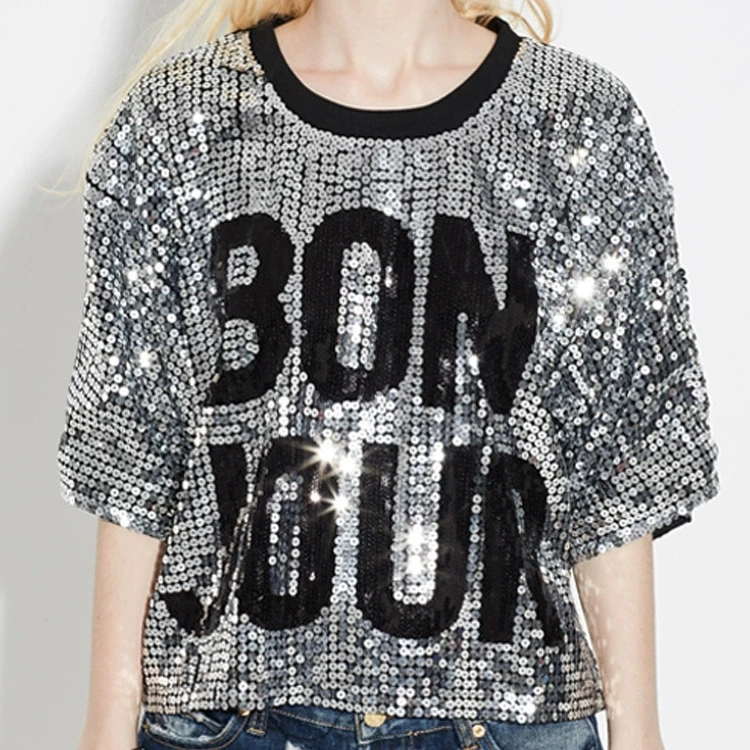 Fashionable European and American new English letter sequin loose pullover top for stage performance short