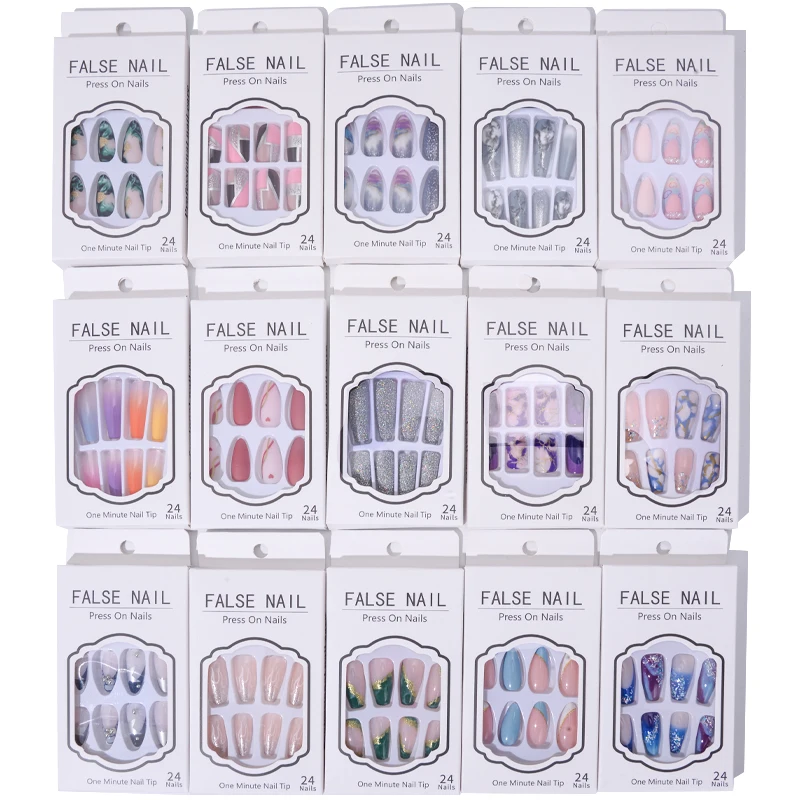 24pc Set Luxury False Nails Gift Packaging Box Rhinestone Decor French Fake Nail Tips Bling Long Coffin Ballet Press On Nails