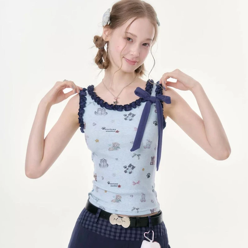 Sweet Preppy Vest Women Summer Cartoon Print Slim Fit Kawaii Bow Camis Tanks Japanese Cute Casual Ruffles Patchwork Harajuku Top