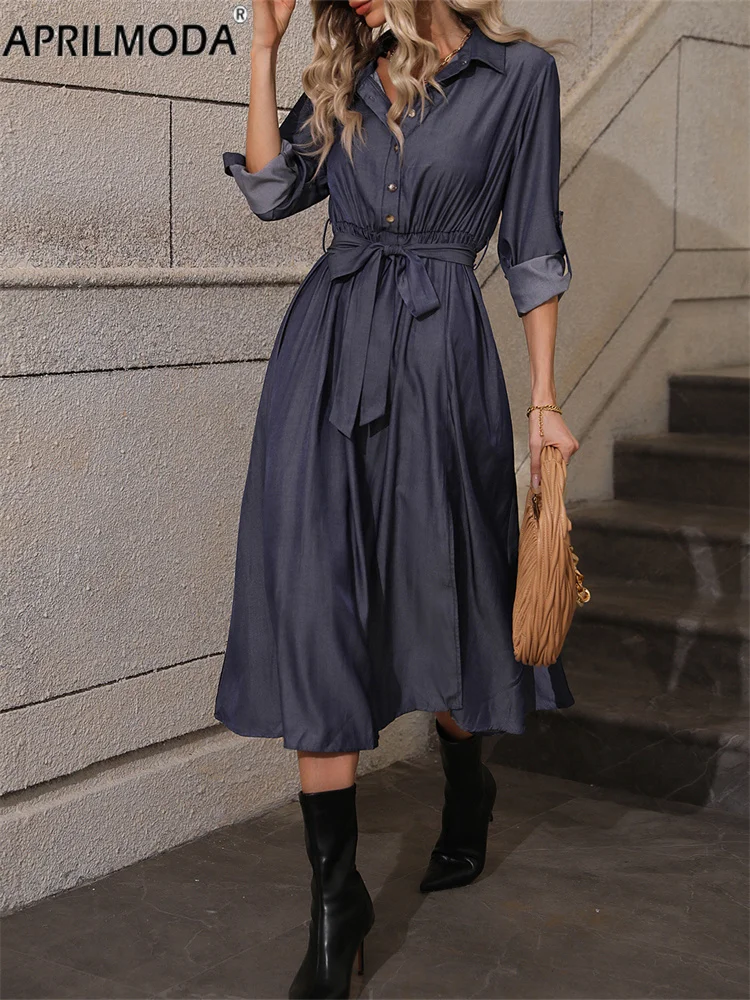 2024 High Split Vintage Women Party Dress Solid Elegant Single Breasted Button Shirt Casual Spring Office Runway A Line Dresses