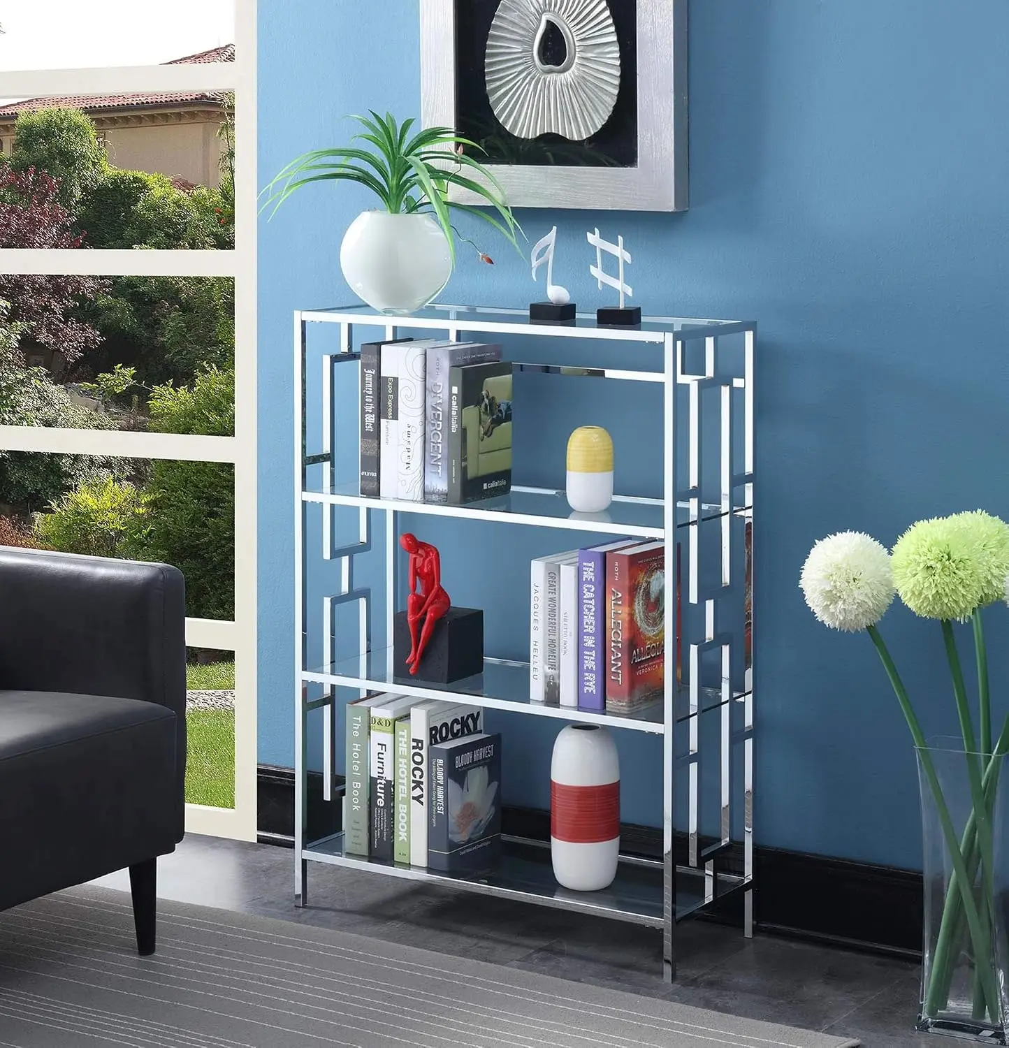 4 Tier Glass Bookcase Chrome Metal Frame Storage Display Shelf Living Room Office 60