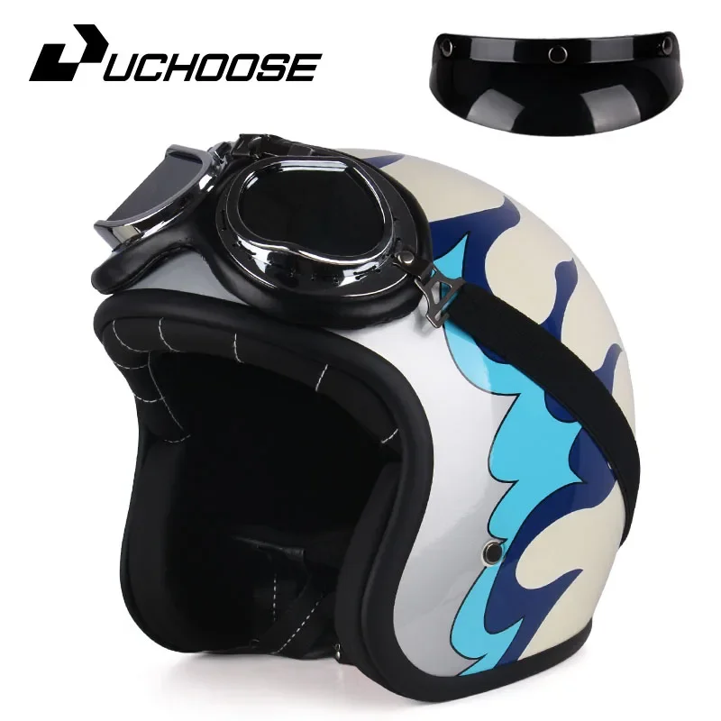 Uchose Retro Motorhelm Pu Lederen Open Gezicht 3/4 Chopper Fietshelmen Classic Casco Moto Vintage